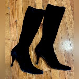 Stuart Weitzman • black suede heeled boots knee high tall pointed toe stiletto